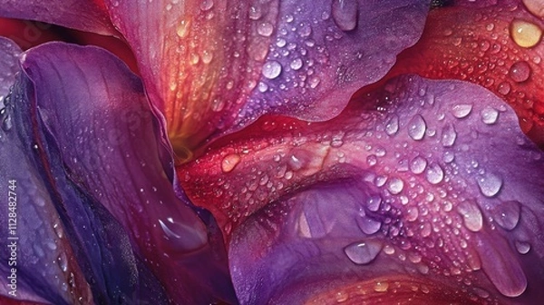 Obraz Orchid petals with intricate patterns, deep purples and reds under soft light, droplets of water adding shimmer, capturing exotic beauty.