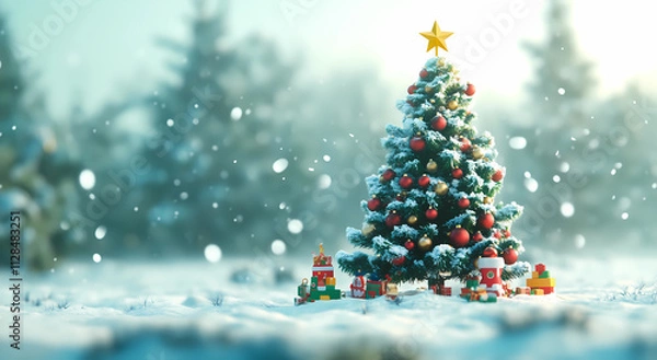 Obraz Christmas tree adorned with a golden star and colorful decorations stands in the snow. Beautiful winter Christmas for template, postcard with copy space