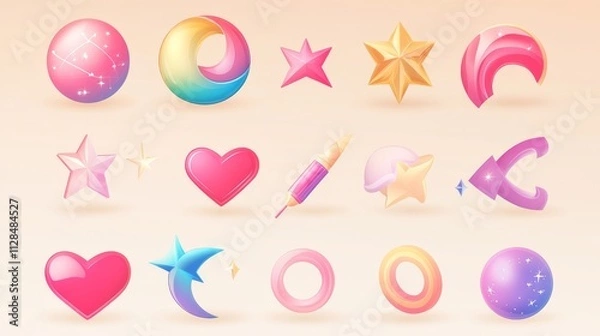 Obraz Colorful 3D shapes. Аbstract gradient lines, spark and star shape, geometric heart, moon, lightning bolt and arrow. Isolated spring spiral, ring, circle plate and sphere renders. Vector set