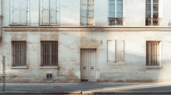 Obraz Tranquil Parisian street scene featuring a modern minimalist building, direct frontal view of a full wall with windows and doors, under warm, soft sunlight on a peaceful afternoon, no people present.