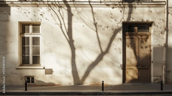 Obraz Tranquil Parisian street scene featuring a modern minimalist building, direct frontal view of a full wall with windows and doors, under warm, soft sunlight on a peaceful afternoon, no people present.