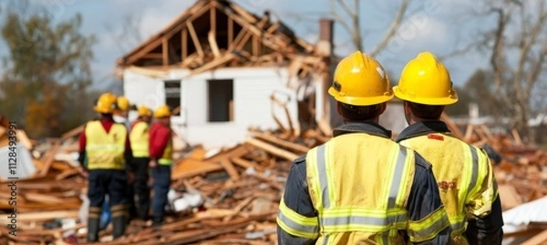 Fototapeta Emergency Response Team In Yellow Safety Vests Assessing Damage After Devastating Natural Disaster