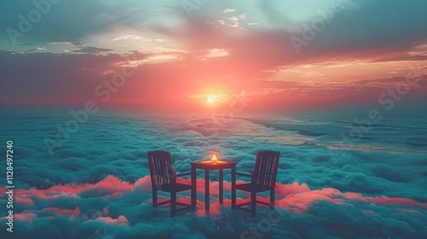 Fototapeta Romantic sunset scene with two chairs and table on clouds.