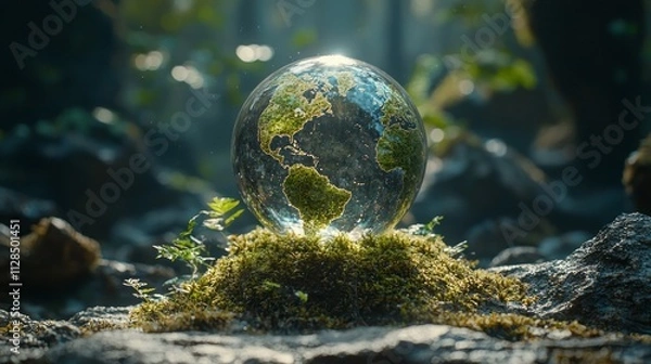 Fototapeta Crystal globe putting on moss, ESG icon for Environment Social and Governance,