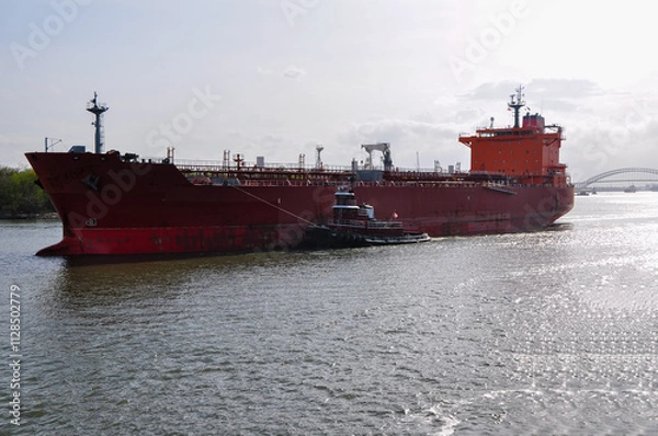 Fototapeta Tugboat assisting a large tanker ship in navigating a river