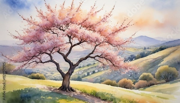 Fototapeta Delicate blossoms and rolling hills bring a serene springtime landscape to life in an enchanting watercolor artwork