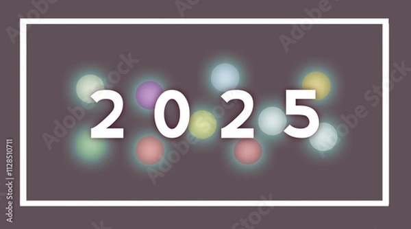 Obraz 2025 Happy new year number with colorful lights on black color background with white border line