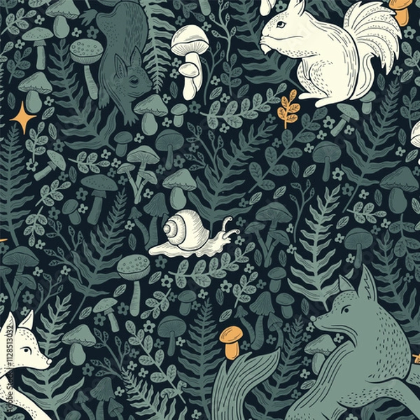 Fototapeta Wildlife Vector Repeat pattern With Squirrel, Foxes, Snails and forest Plants