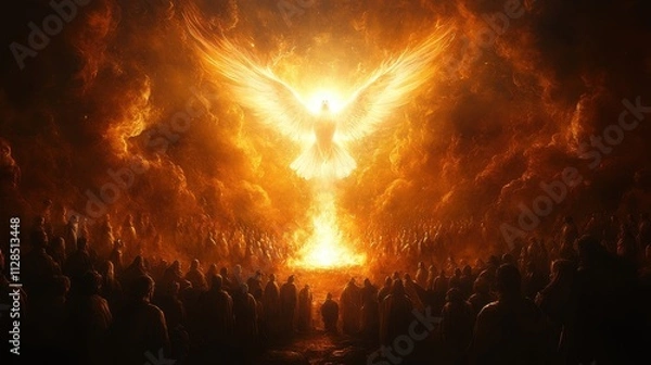 Obraz pentecost the descent of the holy spirit on the followers people in front of a bright fire with white dove up in the sky digital painting