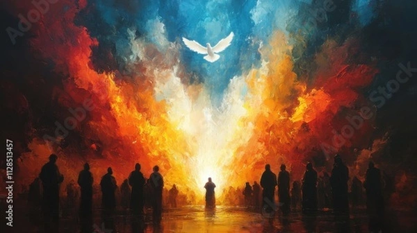 Obraz pentecost the descent of the holy spirit on the followers people in front of a bright fire with white dove up in the sky digital painting