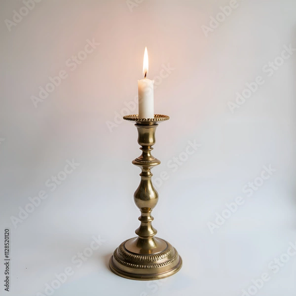 Fototapeta A vintage brass candle holder with a lit candle on a soft background for warm ambience and decorative inspiration, photography of still life concept.