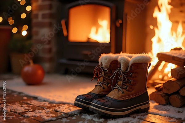 Obraz Seasonal Winter Boots in Cozy Autumn Setting