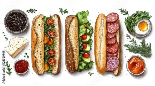 Obraz sandwich set hand drawn sketch lettuce leaves salami cheese bacon ham and vegetables in submarine style sandwiches both a top down and perspective view ingredients that fly fast foo