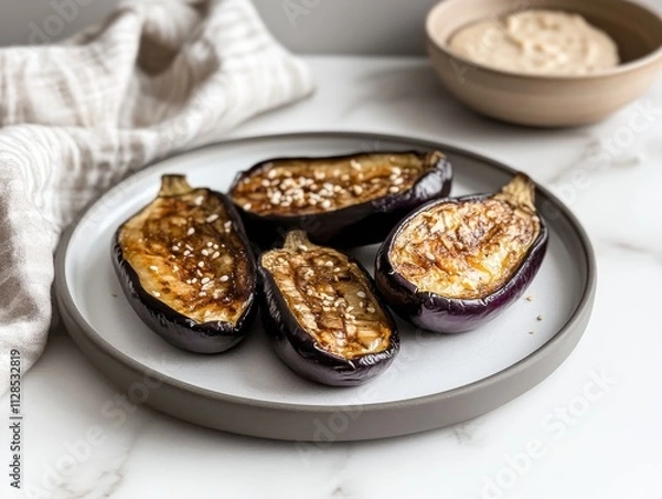 Fototapeta Grilled eggplants served on a plate with a creamy dip in the background.