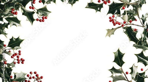 Fototapeta Close-up of holly leaves with red berries on a white background. PNG transparent. 