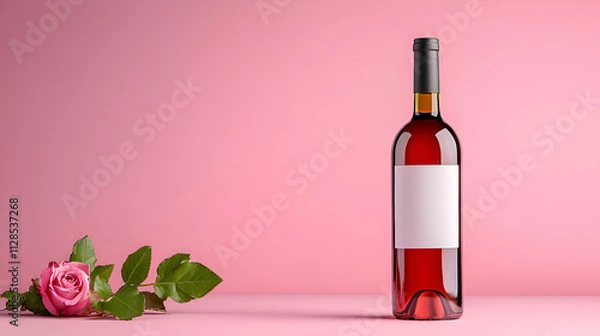 Fototapeta A bottle of rosé wine stands on a pink background alongside a rose, featuring a blank label for customization.