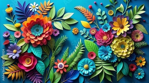 Fototapeta A Colorful Display of Vibrant Paper Cut Flowers and Green Leaves Set Against a Bright Blue Backdrop, Perfect for Nature-Inspired Designs and Creative Projects