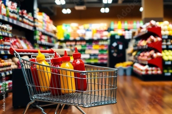 Fototapeta Brightly Colored Condiment Bottles in a Shopping Cart in a Grocery Store Aisle