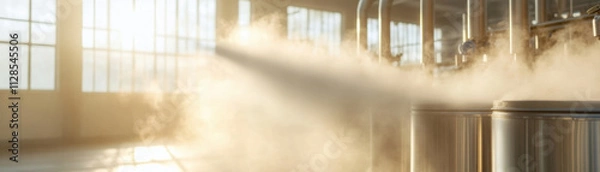 Obraz Steam and mist rise in sterile yogurt factory, illuminated by sunlight streaming through large windows, creating serene and industrial atmosphere