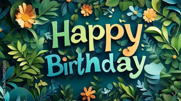 Fototapeta A charming kirigami card featuring "Happy Birthday" written in bold letters, each surrounded by delicately crafted paper vines, leaves, and small flowers, vibrant green tones with soft shadows,