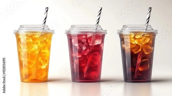 Obraz transparent plastic cup cup for takeout with straw and lid realistic mockups of juice ice tea and water bottles an example of a plastic transparent tea and juice container with a dom