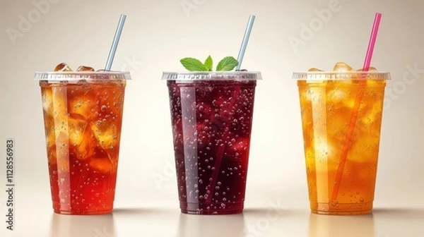 Obraz transparent plastic cup cup for takeout with straw and lid realistic mockups of juice ice tea and water bottles an example of a plastic transparent tea and juice container with a dom