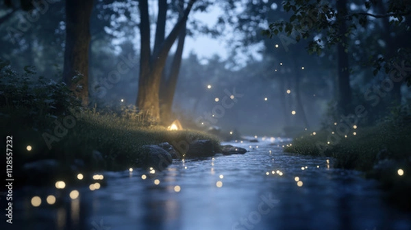 Fototapeta mystical forest scene featuring glowing campsite by serene stream, surrounded by trees and soft, magical lights. atmosphere is enchanting and tranquil