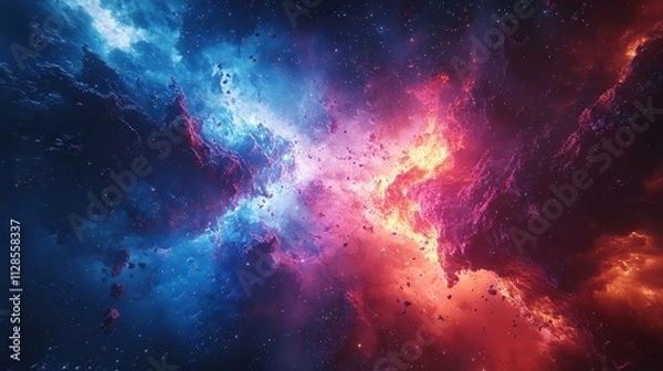 Fototapeta  Vibrant cosmic explosion blending blue and red hues, symbolizing birth of stars, universal energy, and awe of space science.