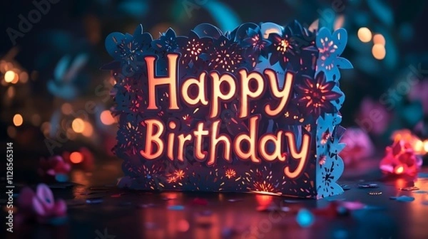 Fototapeta A magical multi-layered kirigami pop-up card, with each layer forming the letters of "Happy Birthday" glowing metallic edges, intricate patterns, and vibrant confetti accents, hd quality,