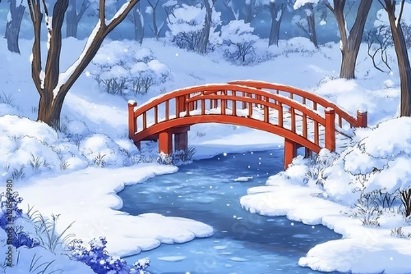 Obraz A snowy winter landscape with a wooden bridge, frozen lake, and snow-covered trees