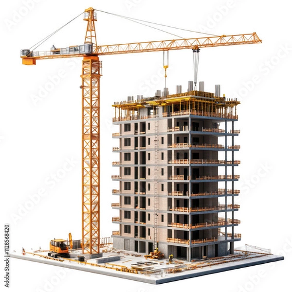 Fototapeta Realistic construction site with cranes and buildings under construction, isolated on transparent background, 3d rendering