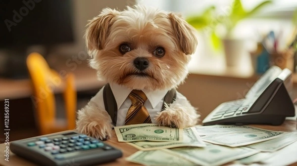 Fototapeta A baby dog wearing a tie and sitting at a toy table with fake money and a calculator acting like an accountant.