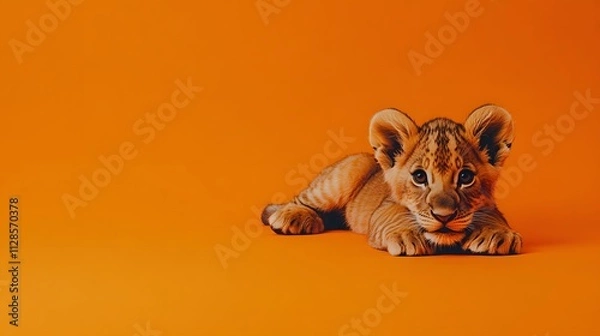 Fototapeta A baby lion cub lying down on a bright orange background looking mischievously into the camera.