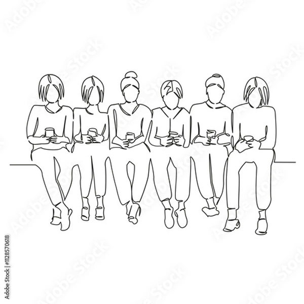Fototapeta One continuous single drawing line art flat doodle teenagers looking at phone, technology social networks, life on phone. Isolated image hand draw contour on a white background, hand drawn, not AI