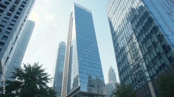 Fototapeta Modern Glass Skyscraper Reflecting City Skyline