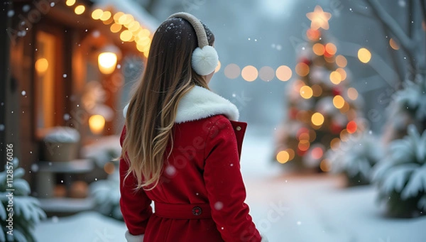 Fototapeta Young woman with santa hat walking at christmas market, back view, blurred background, bokeh lights, christmas decorations concept,  The atmosphere is warm and inviting, evoking a sense of holiday che