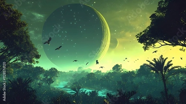 Fototapeta A dense jungle planet with massive tree canopies glowing rivers and exotic alien birds flying under a deep green sky.