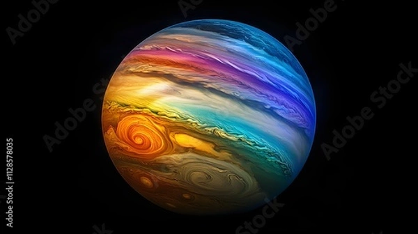 Fototapeta A gas giant planet with swirling clouds of rainbow-colored gases and lightning storms illuminating the surface.