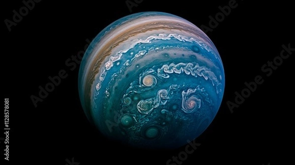 Fototapeta A gas giant planet with vibrant blue and green storm clouds spiraling in chaotic patterns illuminated by distant starlight.
