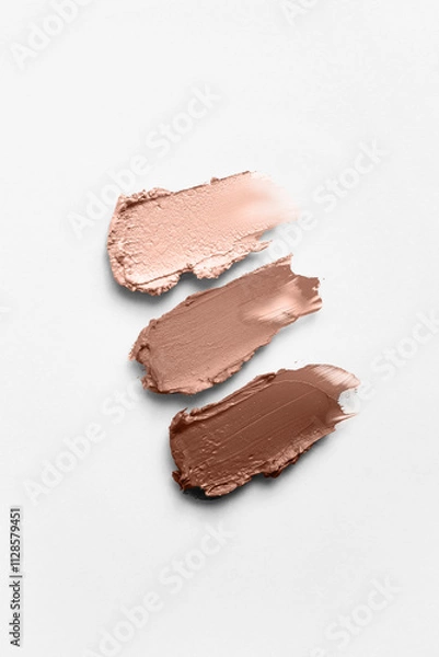 Obraz Demonstrating color of the year 2025. Mocha mousse color swatch. Cosmetic smears on white background. Lipstick or lip gloss swatch macro wallpaper. Beauty swash texture.