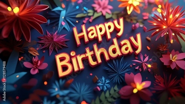 Fototapeta An artistic kirigami depiction of "Happy Birthday" where letters are surrounded by detailed, layered paper fireworks bursting in a spectrum of colors,