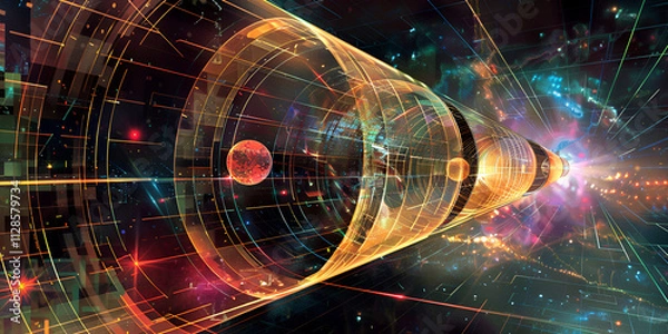 Fototapeta A swirling vortex of cosmic energy and light draws a planet towards a glowing singularity, representing the immense power of a black hole.