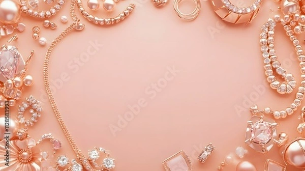Fototapeta A pale peach background surrounded by jewelry items like bracelets necklaces and rings creating a radiant frame around the blank middle.