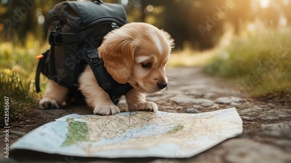 Fototapeta A puppy wearing a tiny backpack sniffing a map spread on the ground as if planning a hike.