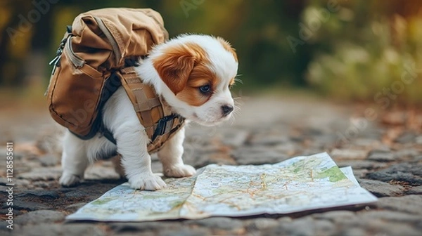 Fototapeta A puppy wearing a tiny backpack sniffing a map spread on the ground as if planning a hike.