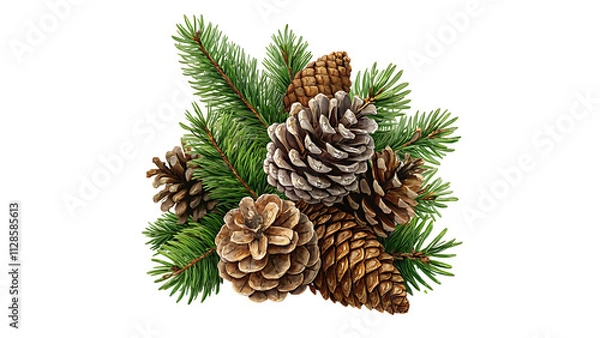 Fototapeta Pine Cones and Green Pine Branches Arranged Together on a Transparent Background






