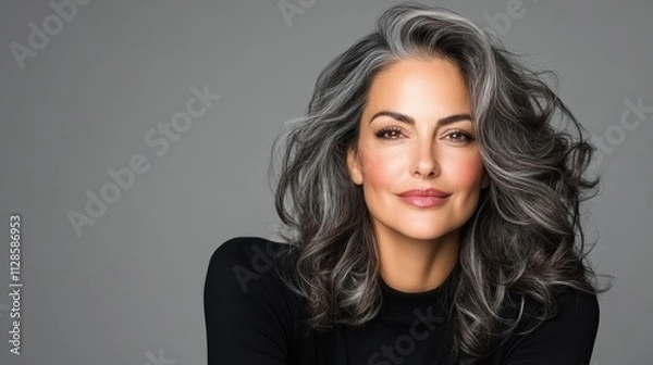 Obraz A woman with gray hair is smiling and posing for a picture. She is wearing a black shirt and has her hair in a messy bun. Concept of confidence and self-assurance