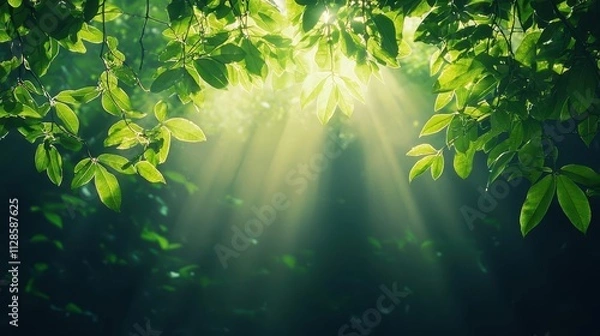 Fototapeta Lush canopy with visible vapor rising in beams of sunlight, representing moisture regulation