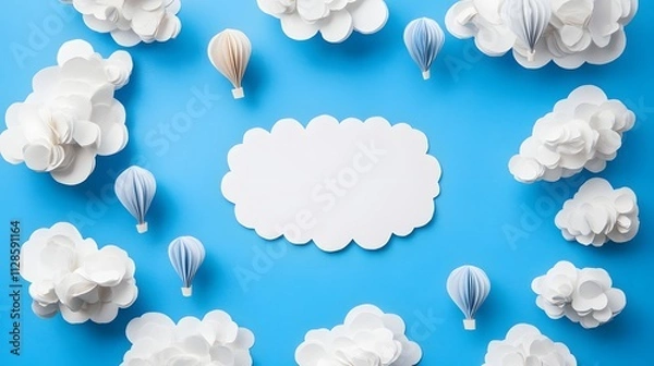 Fototapeta A sky blue background bordered with fluffy white clouds made of paper cutouts and toy hot air balloons floating around the blank center.