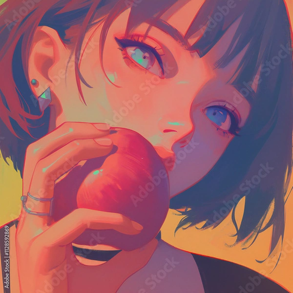 Fototapeta リンゴを手に持っているボブヘアの女の子
